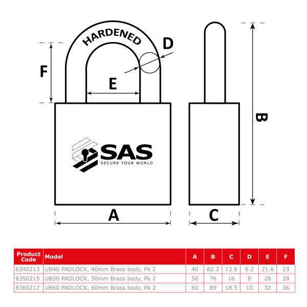 SAS UB50 Padlock, 50mm Brass Body, pack of 2
